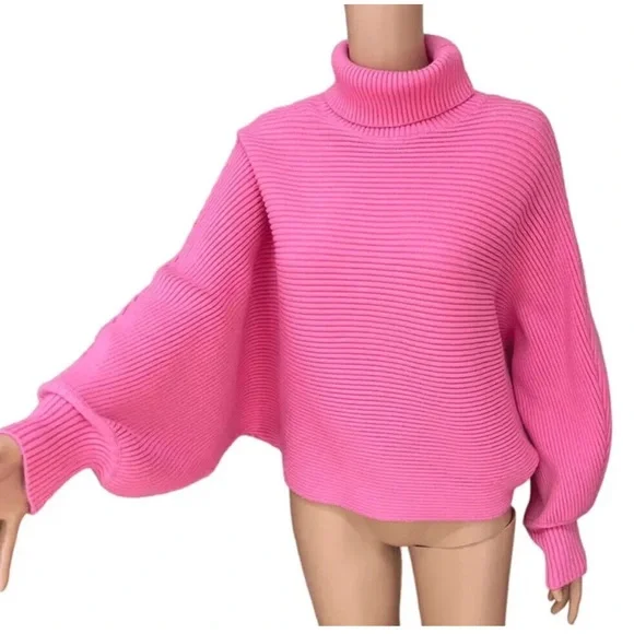 Zara Rich Ribbbes Thick Dolman Oversized HTF Neon Pink Turtleneck Sweater M L‎ - Picture 2 of 7